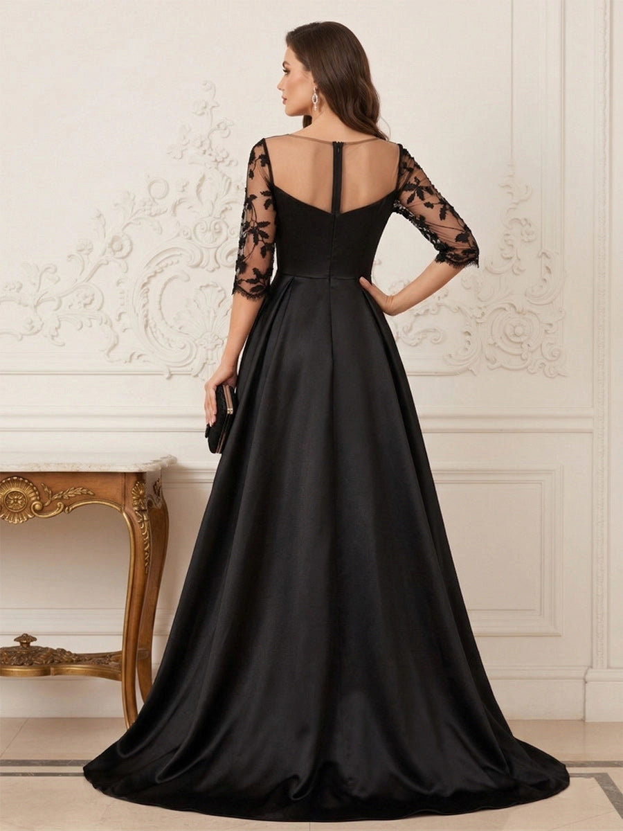 Elegant A-Line Illusion-Neck Three-Quarter-Sleeve Zip-Back Floor-Length Mother of the Bride Dress