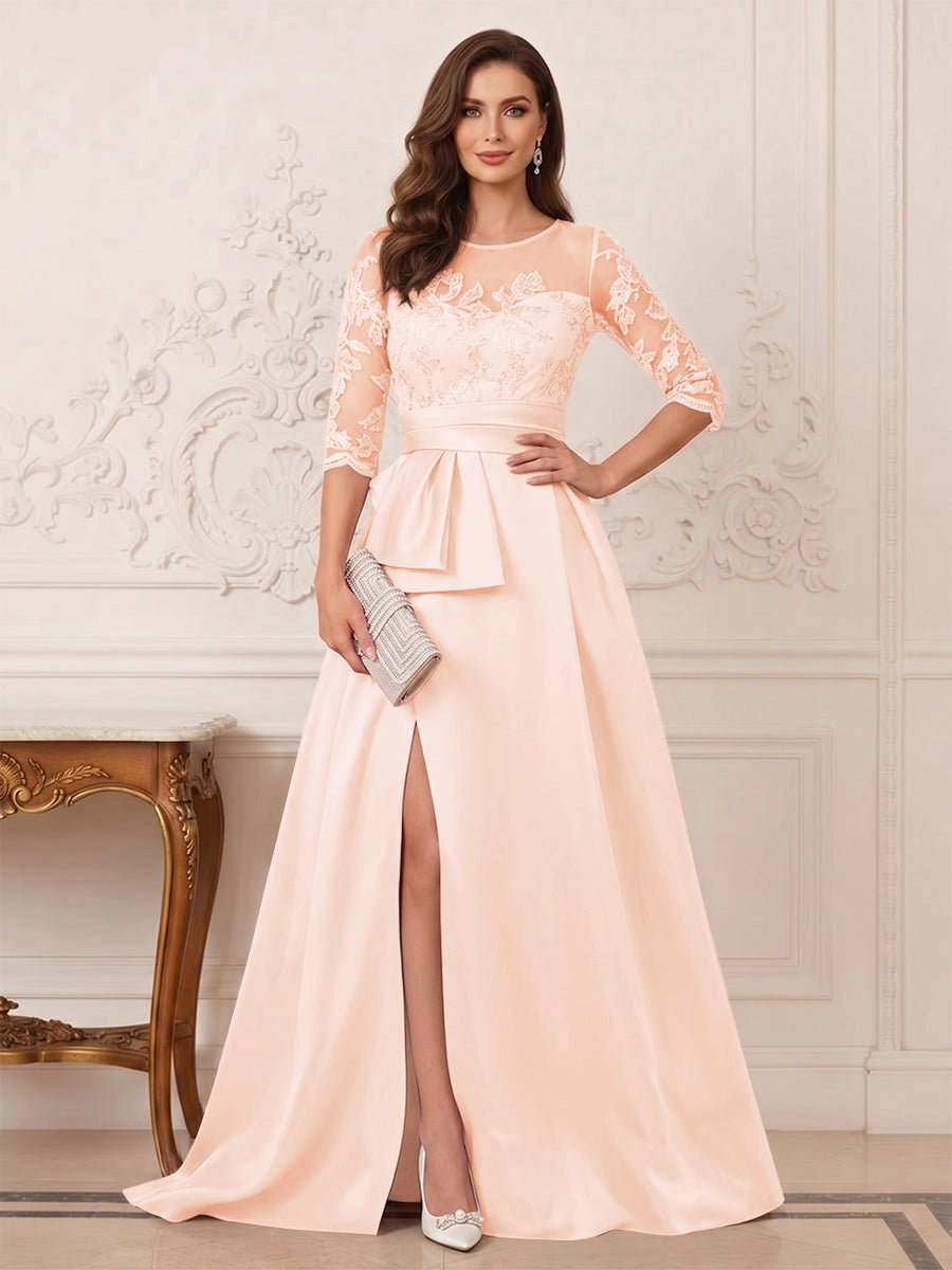 Elegant A-Line Illusion-Neck Three-Quarter-Sleeve Zip-Back Floor-Length Mother of the Bride Dress