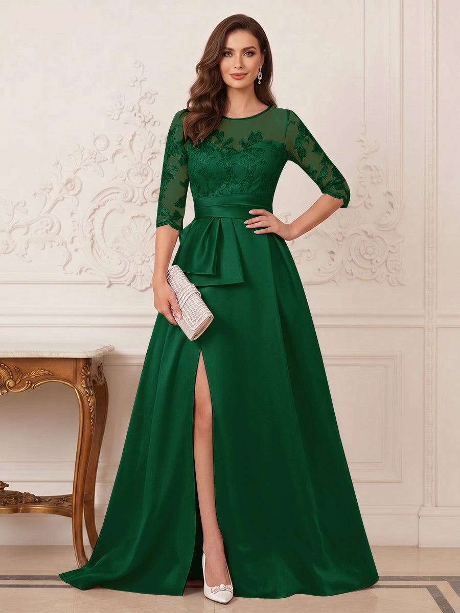 Elegant A-Line Illusion-Neck Three-Quarter-Sleeve Zip-Back Floor-Length Mother of the Bride Dress