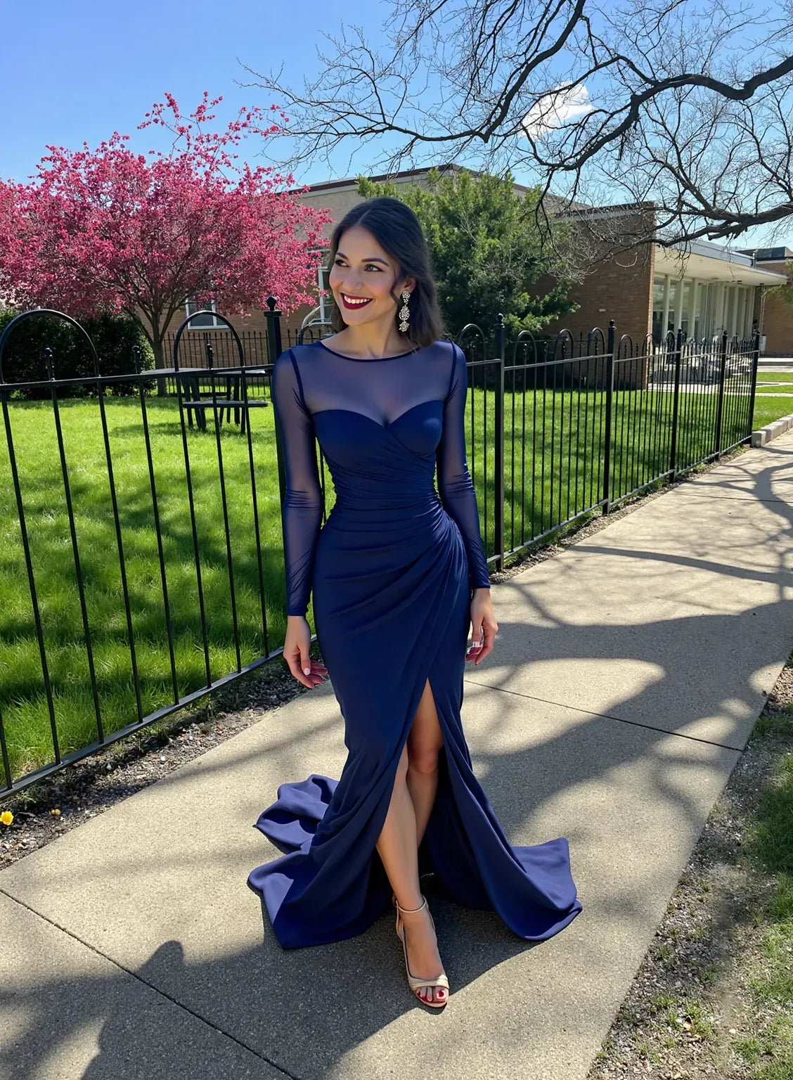 Elegant Sheath Illusion Neck Sheer Sleeves Closed Back Floor Length Evening Dress