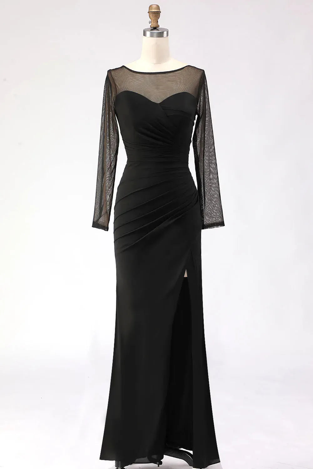 Elegant Sheath Illusion Neck Sheer Sleeves Closed Back Floor Length Evening Dress