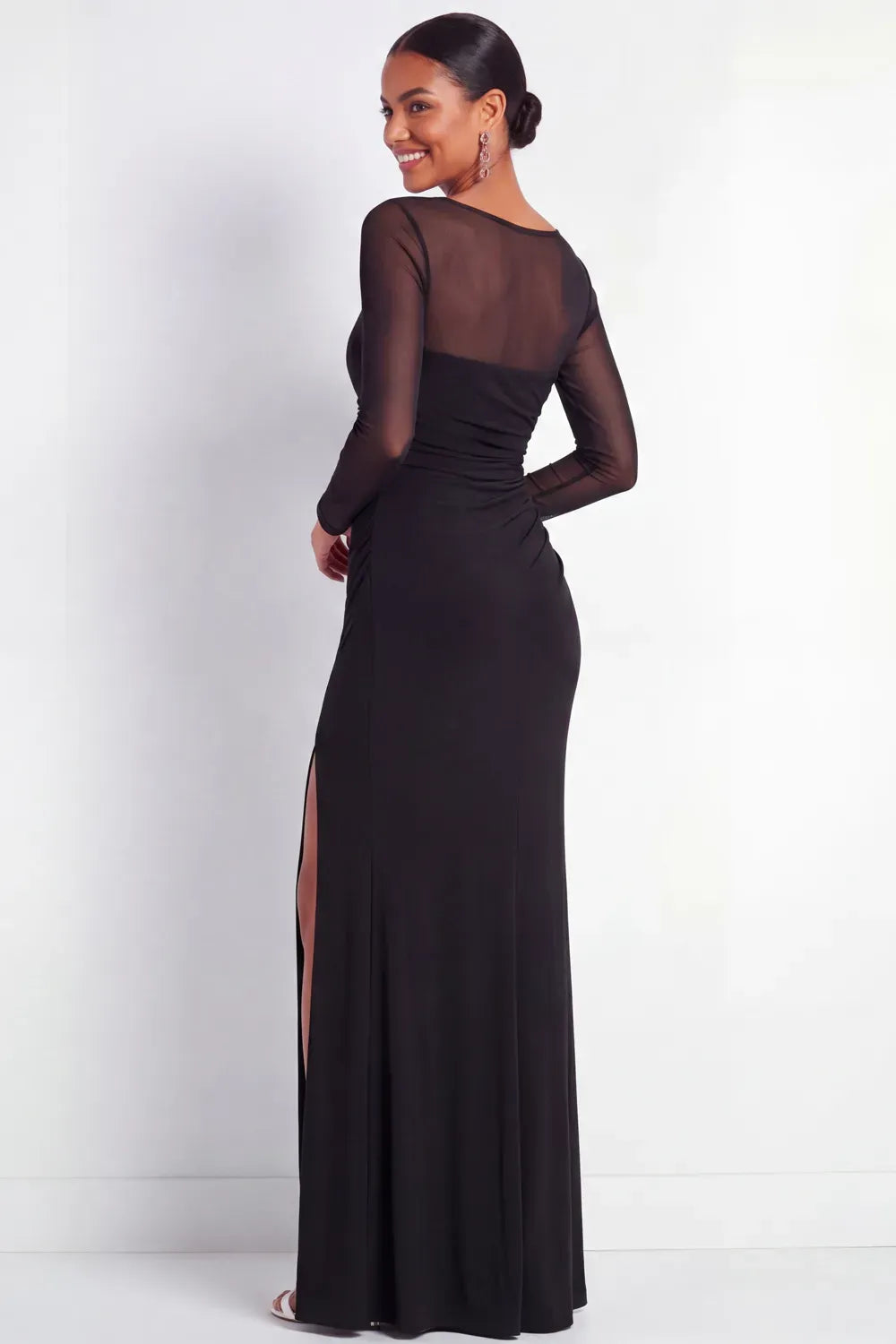 Elegant Sheath Illusion Neck Sheer Sleeves Closed Back Floor Length Evening Dress
