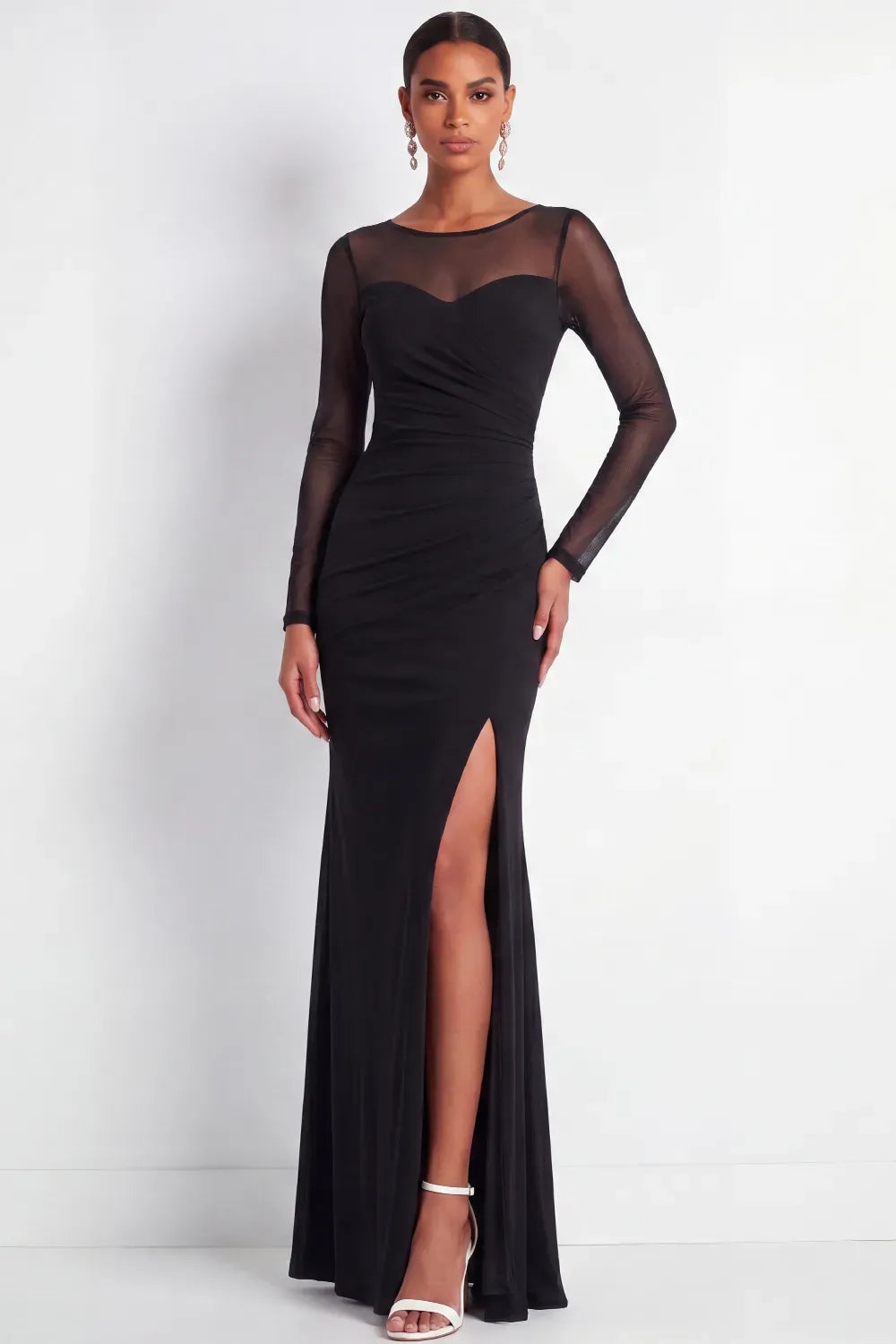 Loverlm black sheath evening dress with sheer long sleeves, illusion round neckline, sweetheart bodice, ruched waist and thigh-high slit