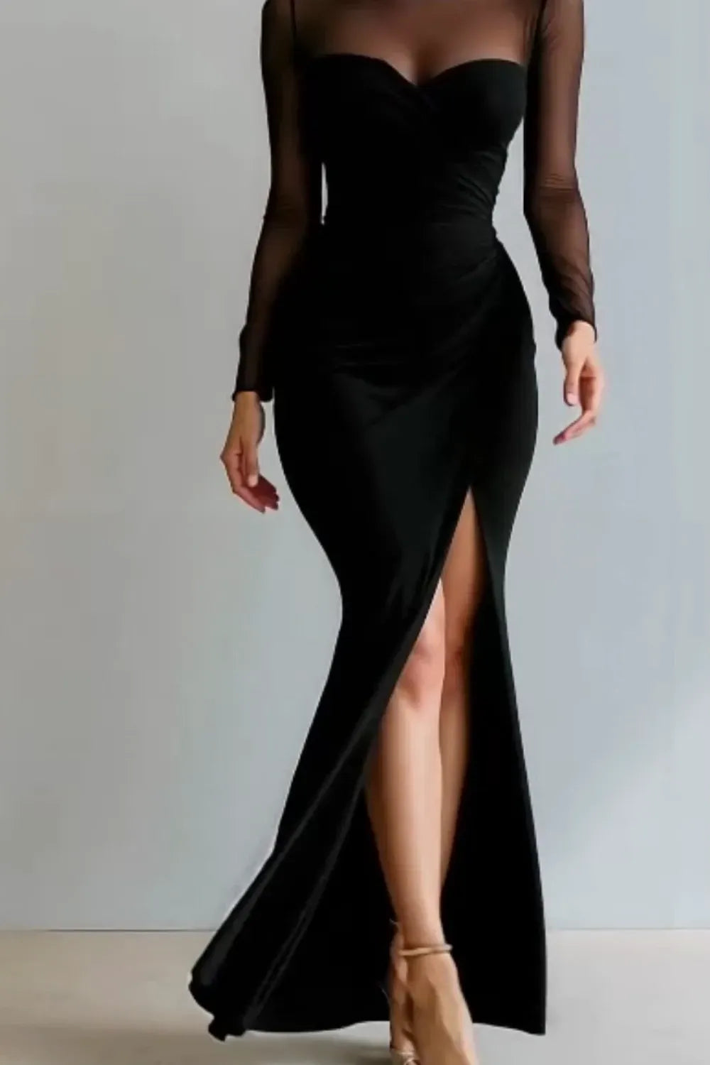 Elegant Sheath Illusion Neck Sheer Sleeves Closed Back Floor Length Evening Dress