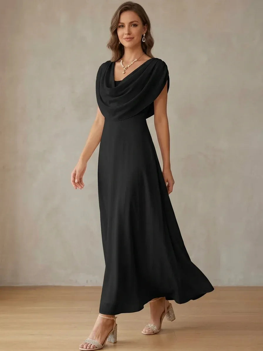 Elegant A-Line Cowl-Neck Cap-Sleeve Draped-Back Ankle-Length Evening Dress