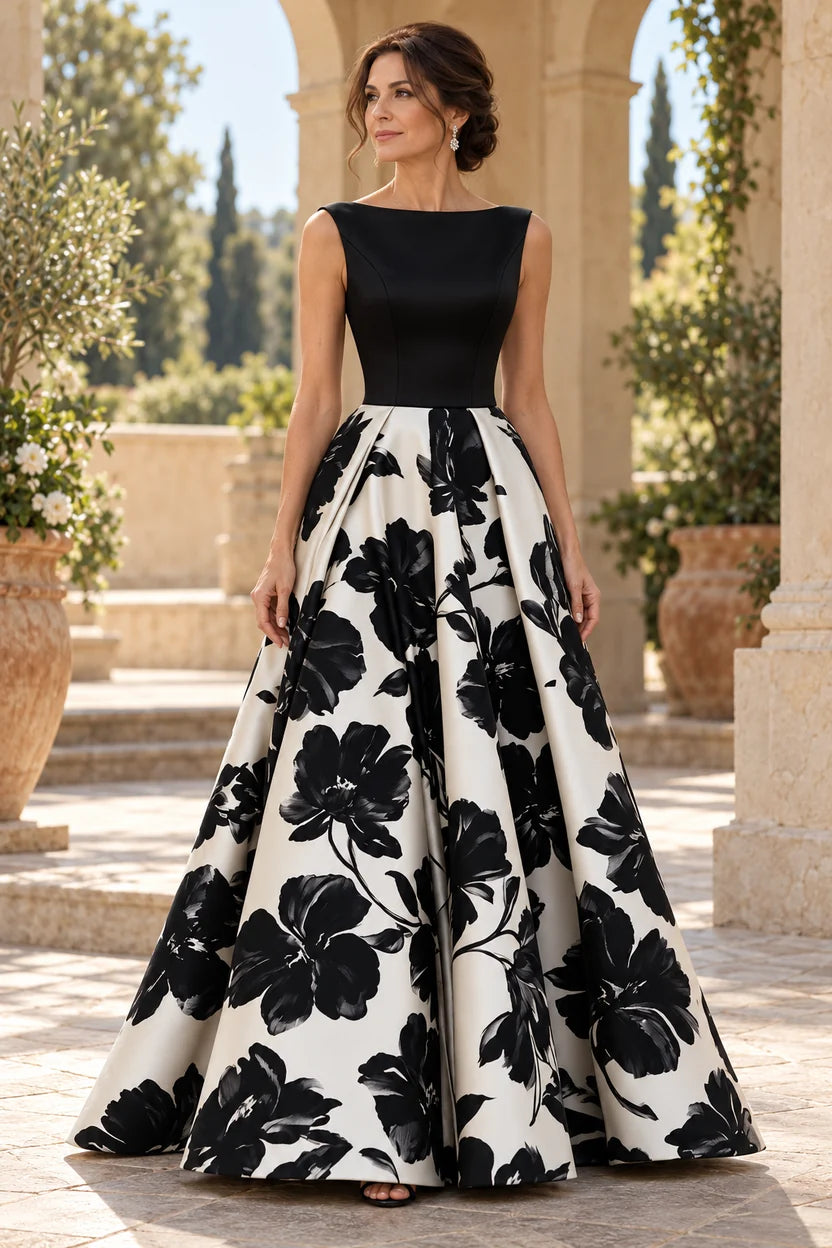 Loverlm black and ivory floral A-line Mother of the Bride dress with bateau neckline front view