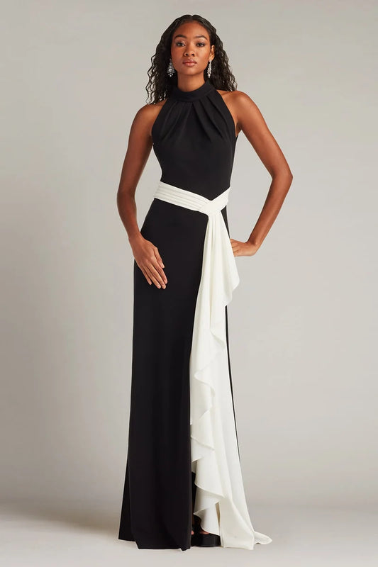 Loverlm black evening dress with high halter neckline ivory contrast waist sash and cascading floor-length drape