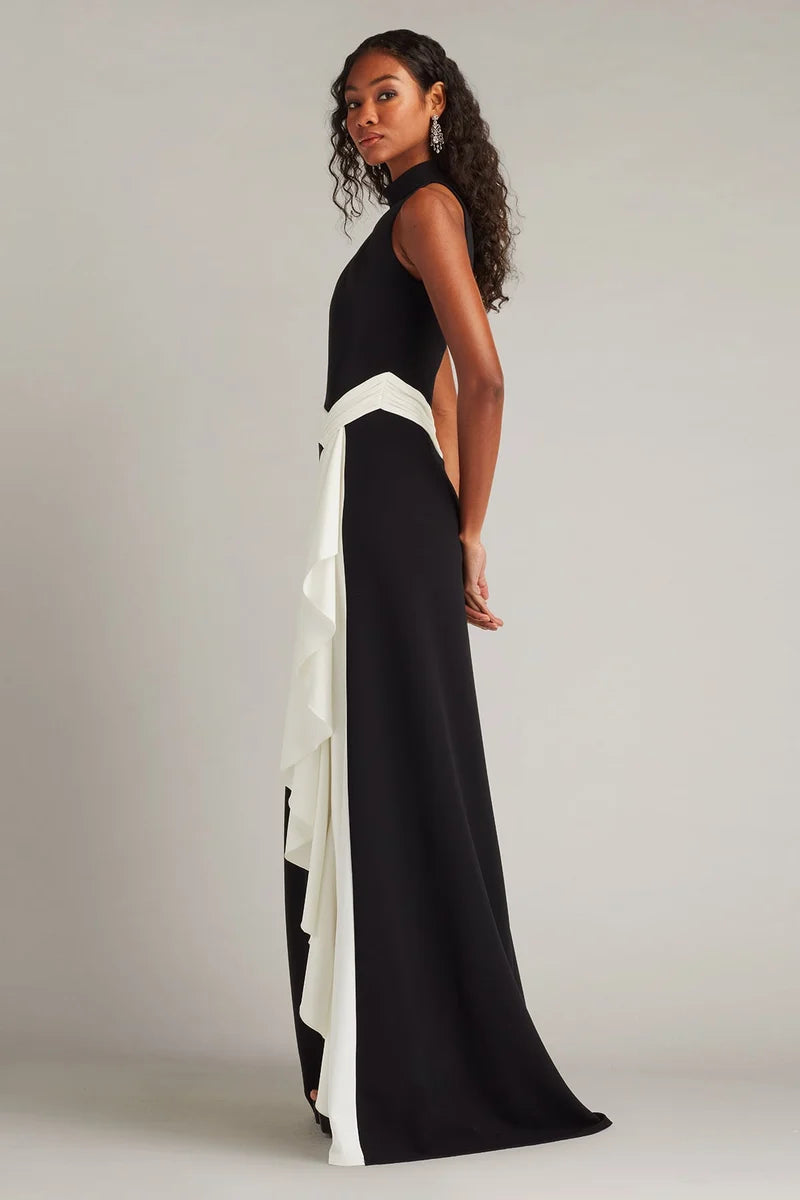 Elegant Column High-Neck Sleeveless Closed-Back Contrast-Waist Floor-Length Evening Dress
