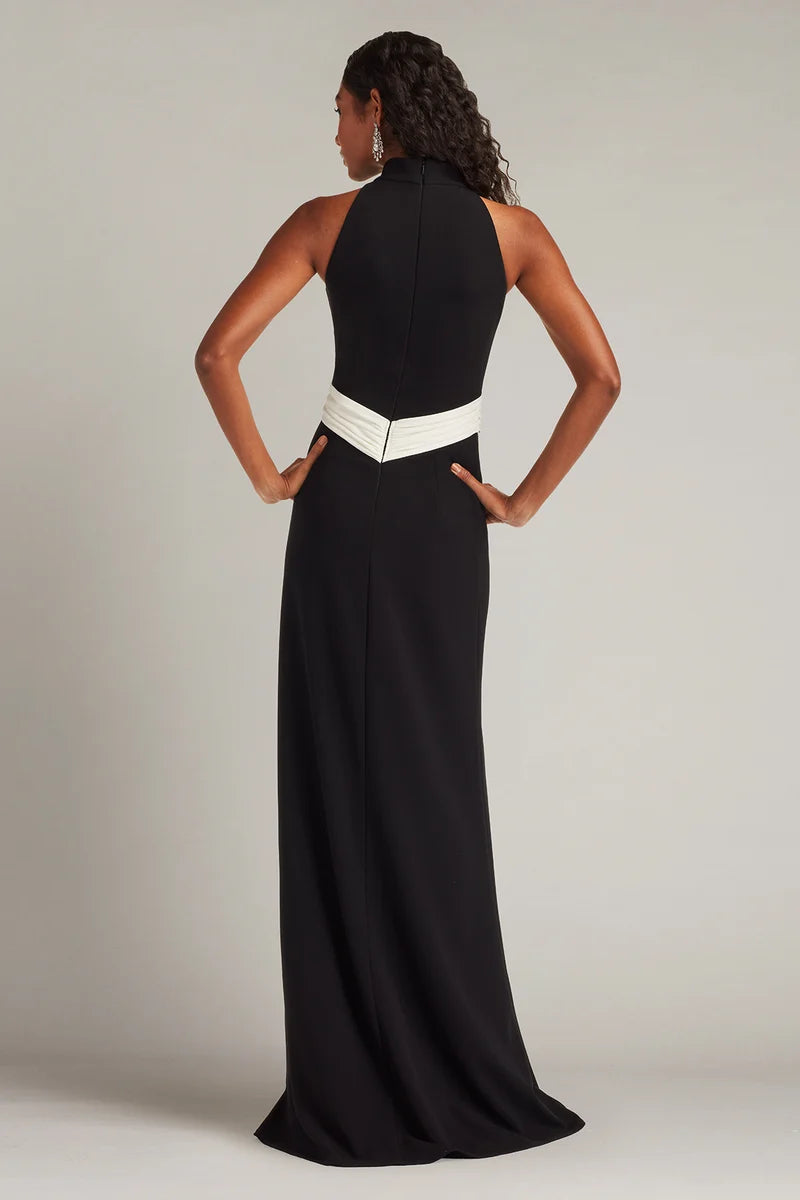 Elegant Column High-Neck Sleeveless Closed-Back Contrast-Waist Floor-Length Evening Dress
