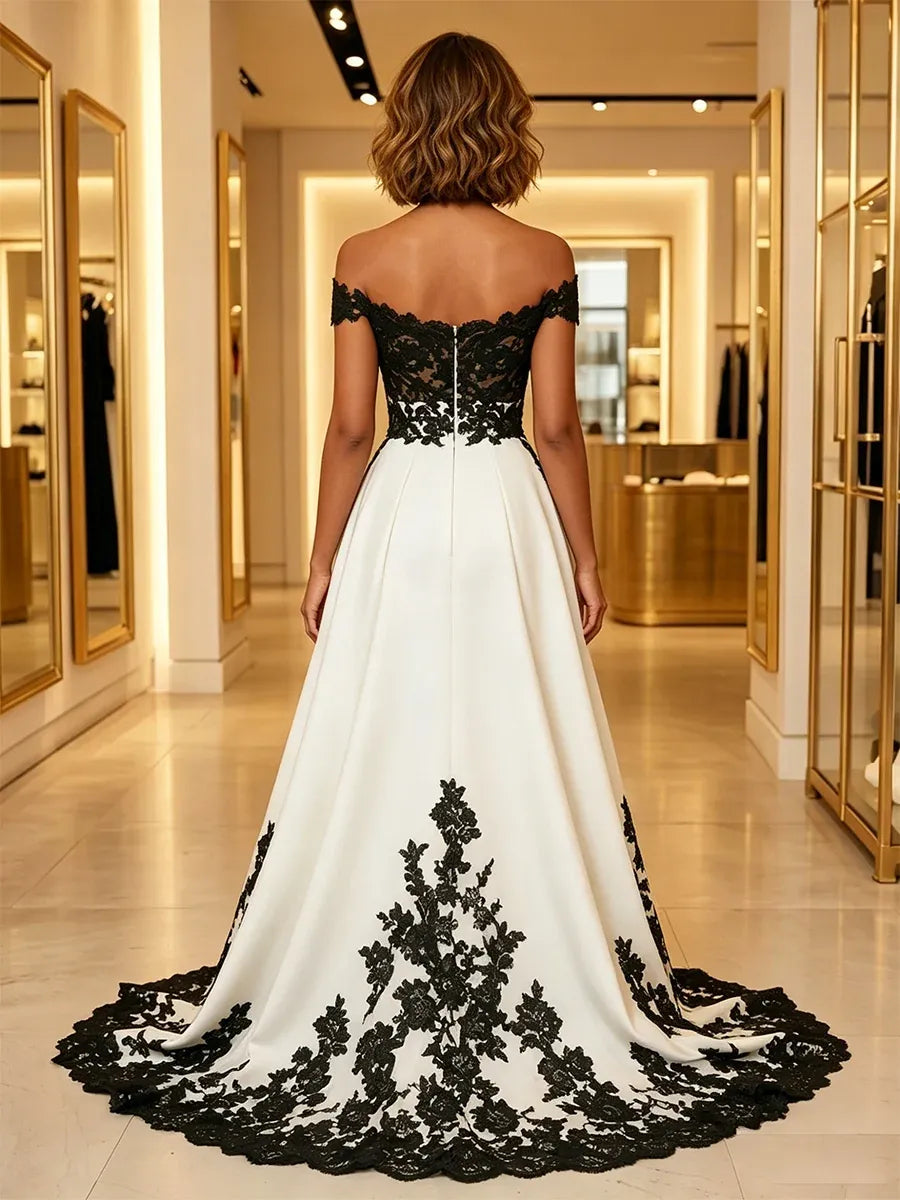Elegant A-Line Off Shoulder Short Sleeve Zip Back Floor Length Evening Dress