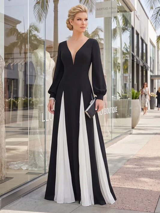Loverlm black Mother of the Bride dress with deep V-neck long bishop sleeves ivory pleated panels and floor-length formal silhouette