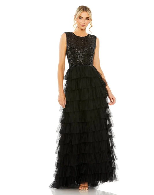Loverlm black sleeveless embellished tiered tulle floor-length evening dress front view