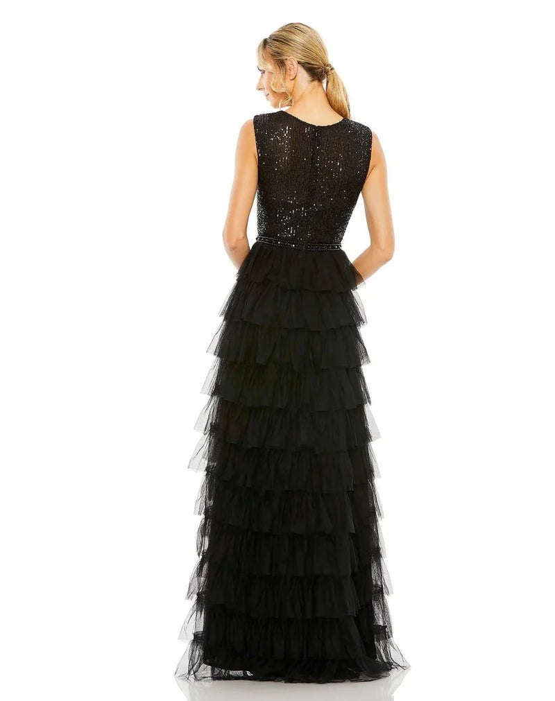 Elegant A-Line Jewel-Neck Sleeveless High-Back Tiered Floor-Length Evening Dress