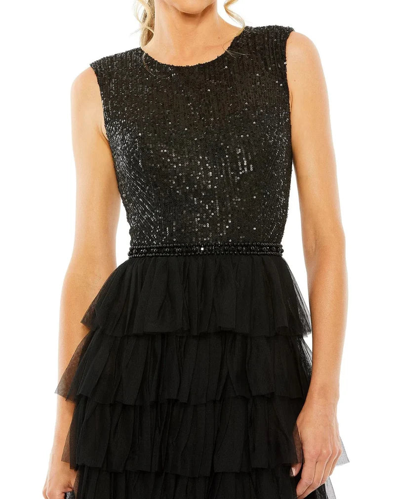 Elegant A-Line Jewel-Neck Sleeveless High-Back Tiered Floor-Length Evening Dress