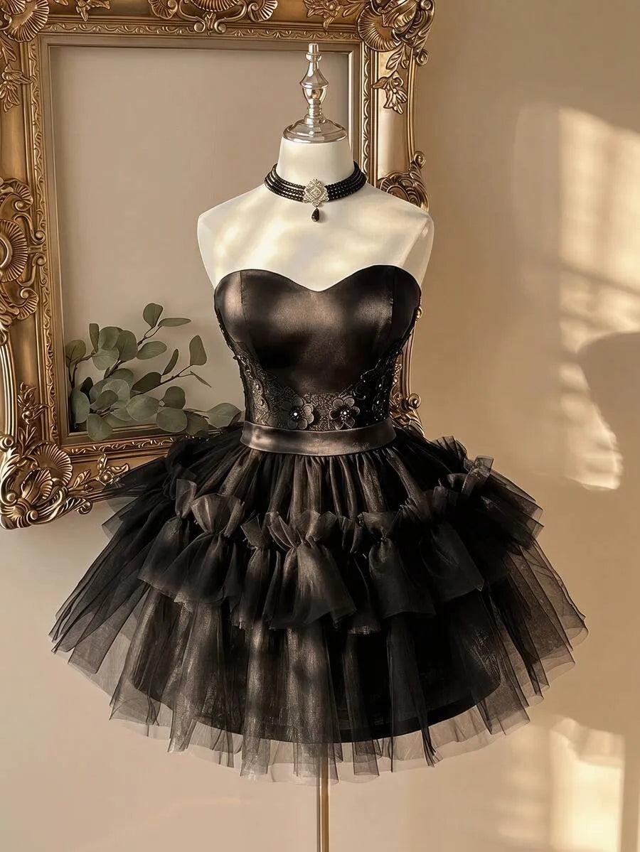 Loverlm black homecoming dress with sweetheart corset bodice lace detail and layered bow tulle skirt