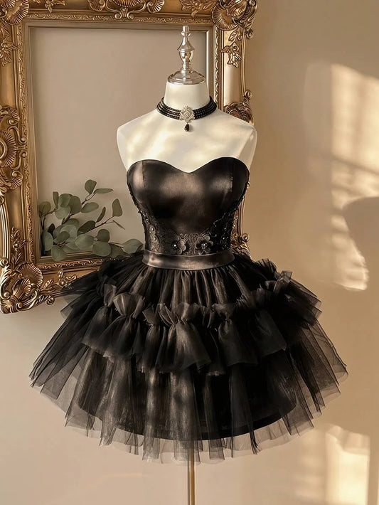 Loverlm black homecoming dress with sweetheart corset bodice lace detail and layered bow tulle skirt
