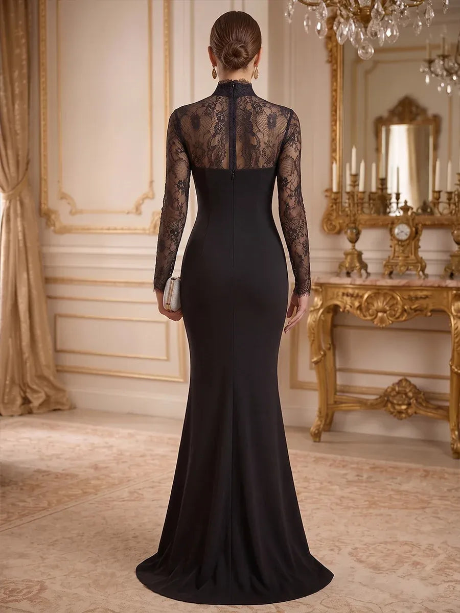 Elegant Mermaid High Neck Long Sleeve Zip Back Floor Length Evening Dress