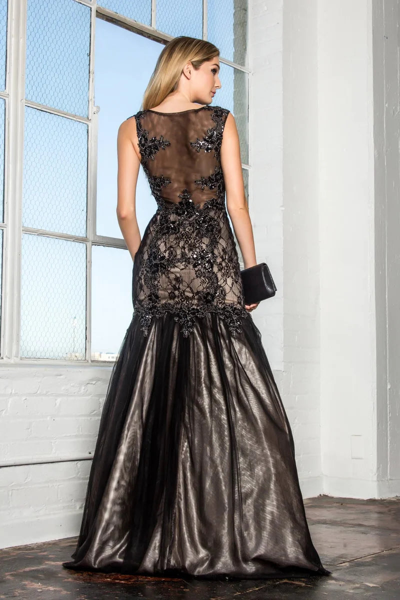 Glamorous Mermaid Illusion-Neck Sleeveless Sheer-Back Floor-Length Evening Dress