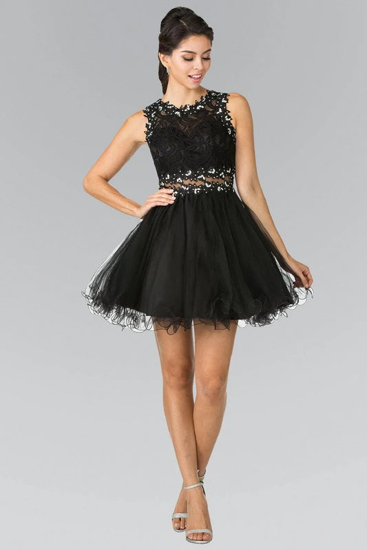 Loverlm black lace A-line mini Homecoming Dress with jeweled waist front