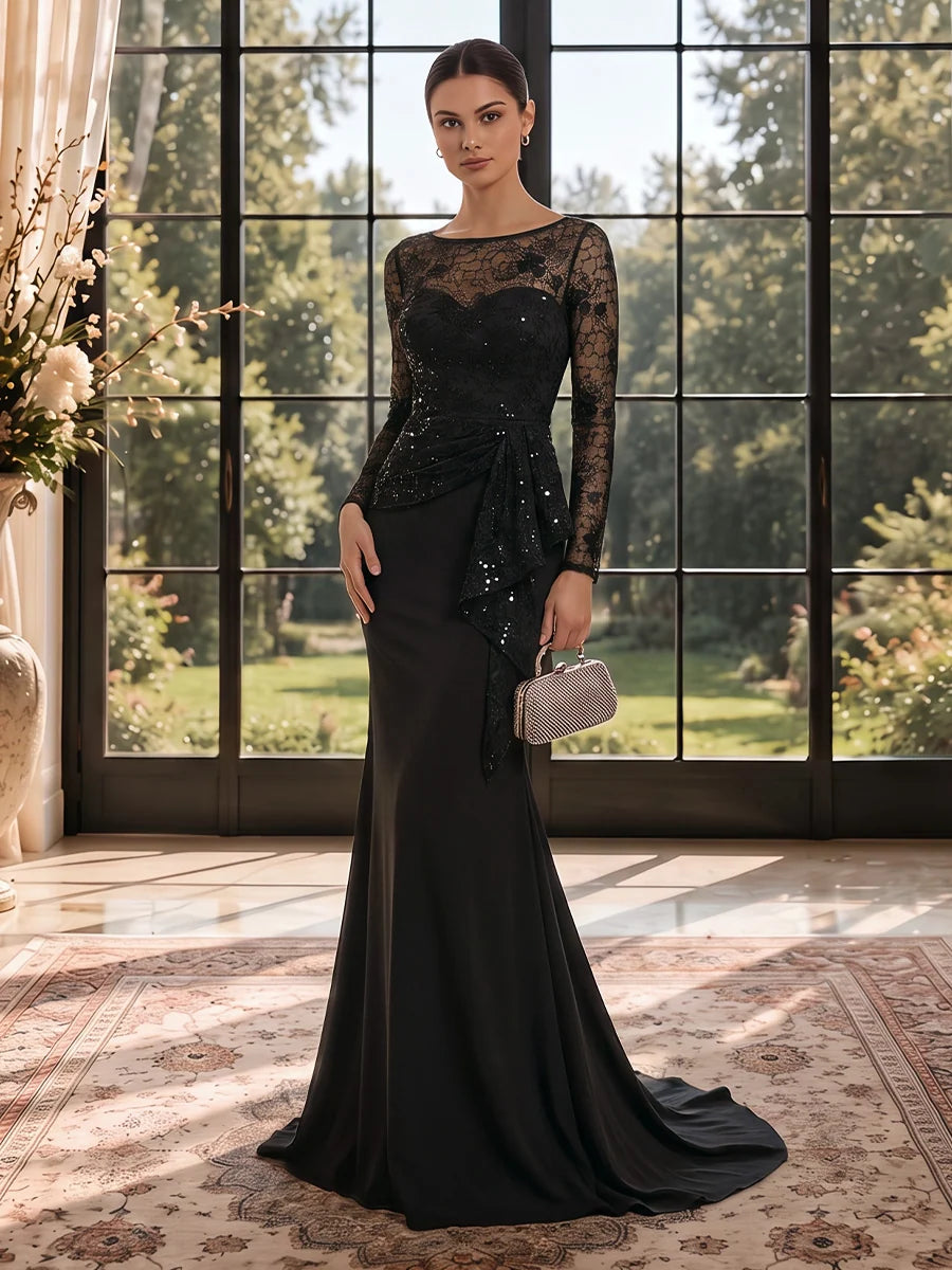 Black mermaid evening dress with illusion boat neckline, sheer floral lace long sleeves, sequin embellished ruched waist and floor-length sweep train by Loverlm