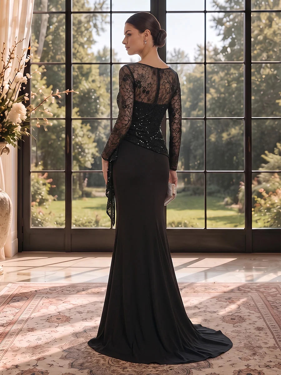 Sophisticated Mermaid Illusion Neckline Long Sleeve Lace Floor Length Evening Dress