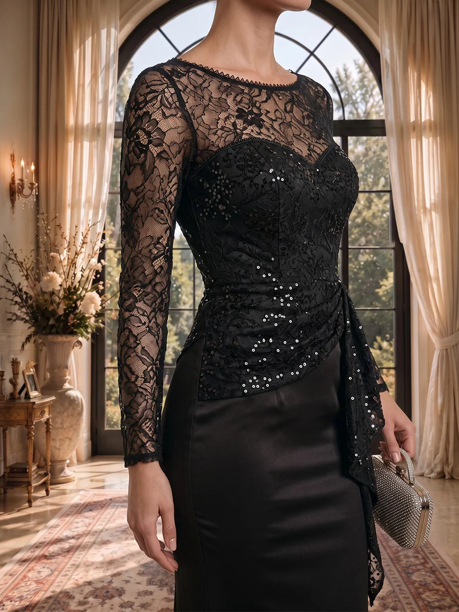 Sophisticated Mermaid Illusion Neckline Long Sleeve Lace Floor Length Evening Dress