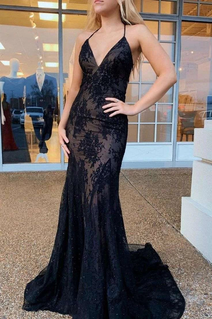 Loverlm black lace mermaid prom dress with deep V-neck and spaghetti straps