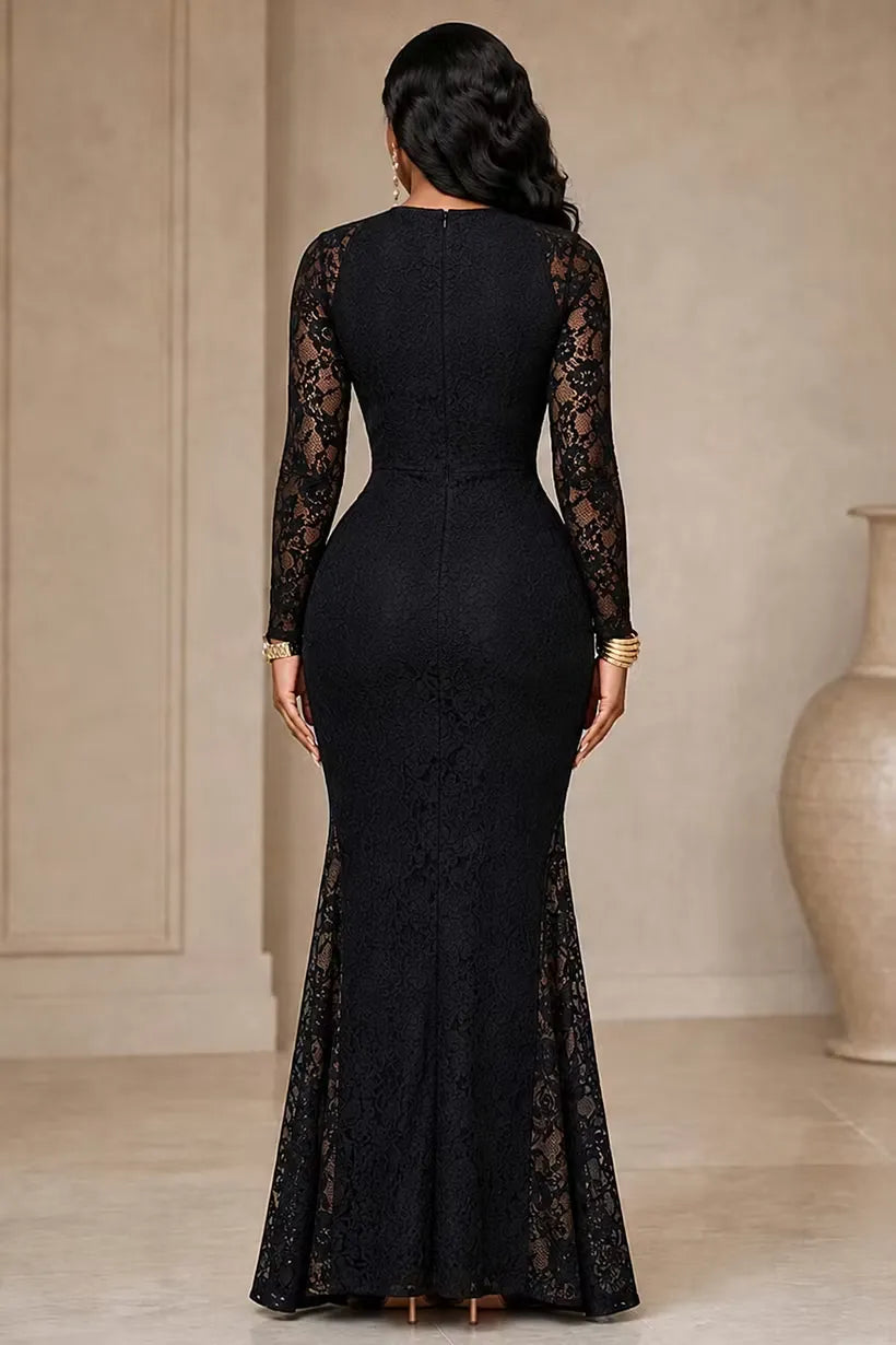 Elegant Mermaid Plunging V-Neck Long-Sleeve Zipper-Back Lace Evening Dress