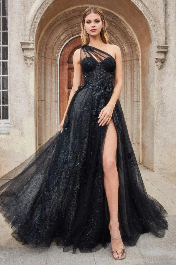 Romantic A-Line One Shoulder Sleeveless Sheer Back Floor-Length Prom Dress