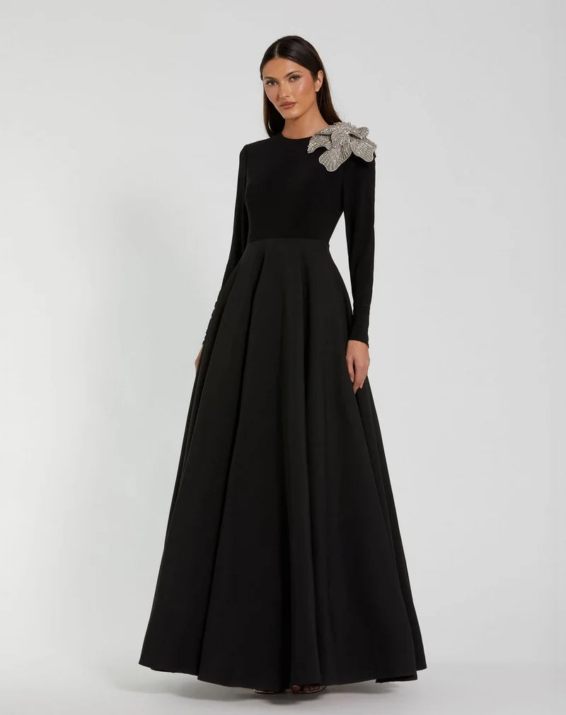 Loverlm black long-sleeve A-line Mother of the Bride dress with silver floral shoulder detail