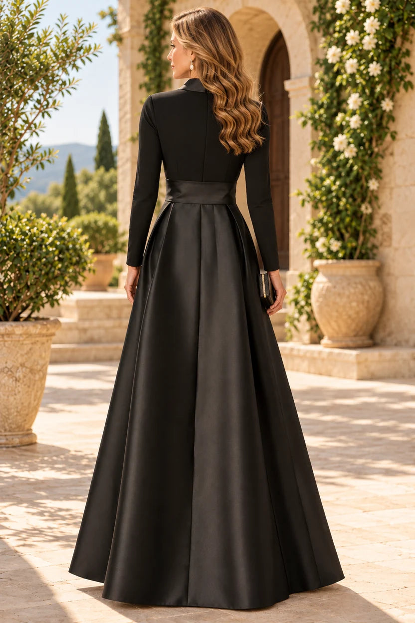 Elegant A-Line Shawl Collar V-Neck Long Sleeve Satin Floor-Length Mother of the Bride Dress