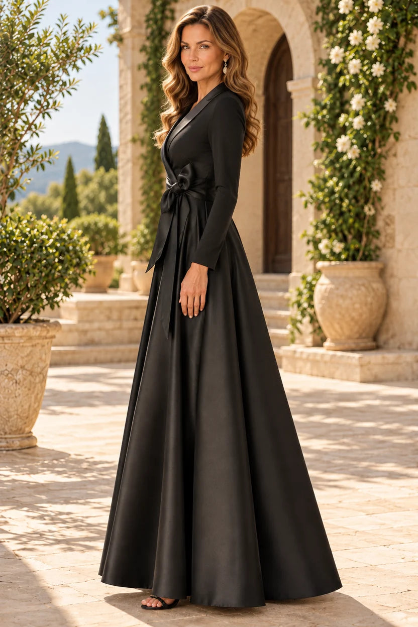 Elegant A-Line Shawl Collar V-Neck Long Sleeve Satin Floor-Length Mother of the Bride Dress