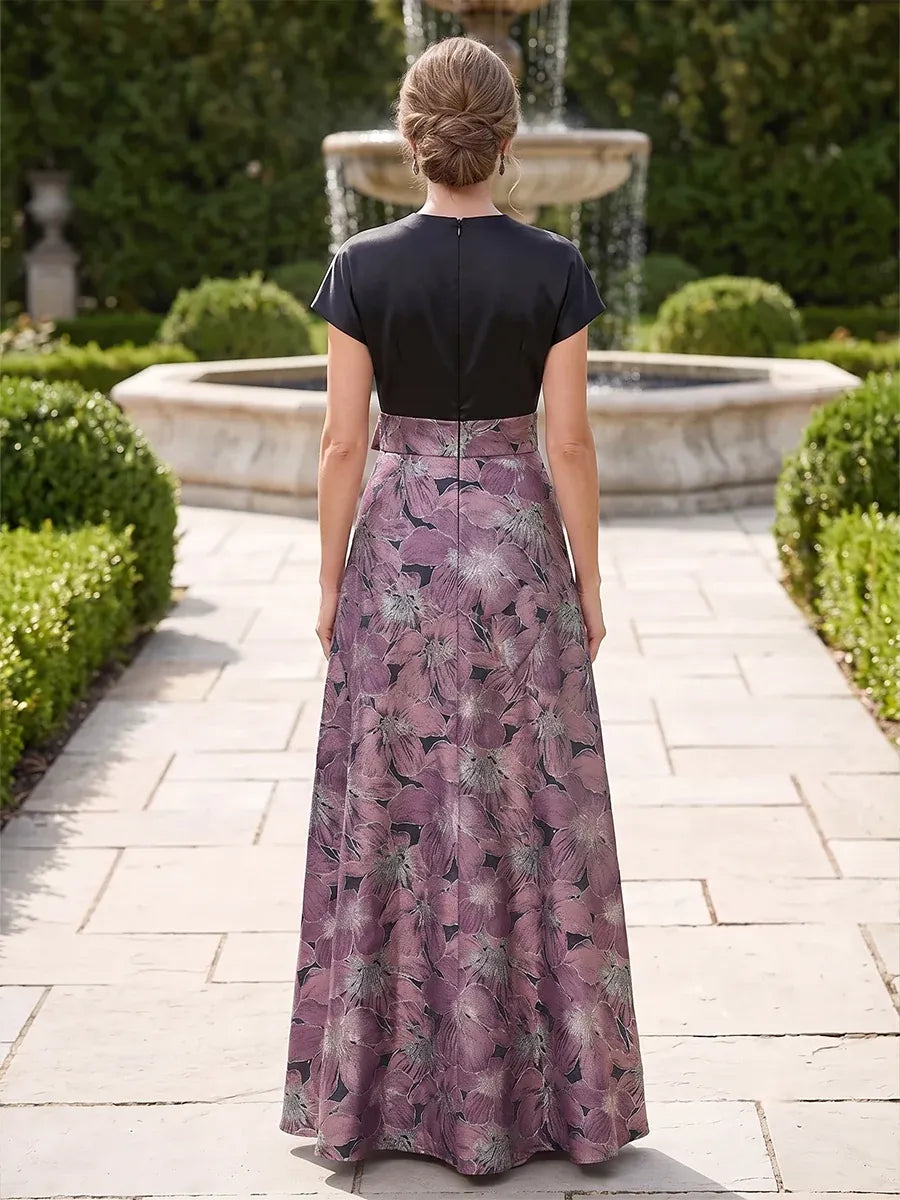Elegant A-Line V-Neck Cap Sleeve Zipper Back Floral Mother of the Bride Dress