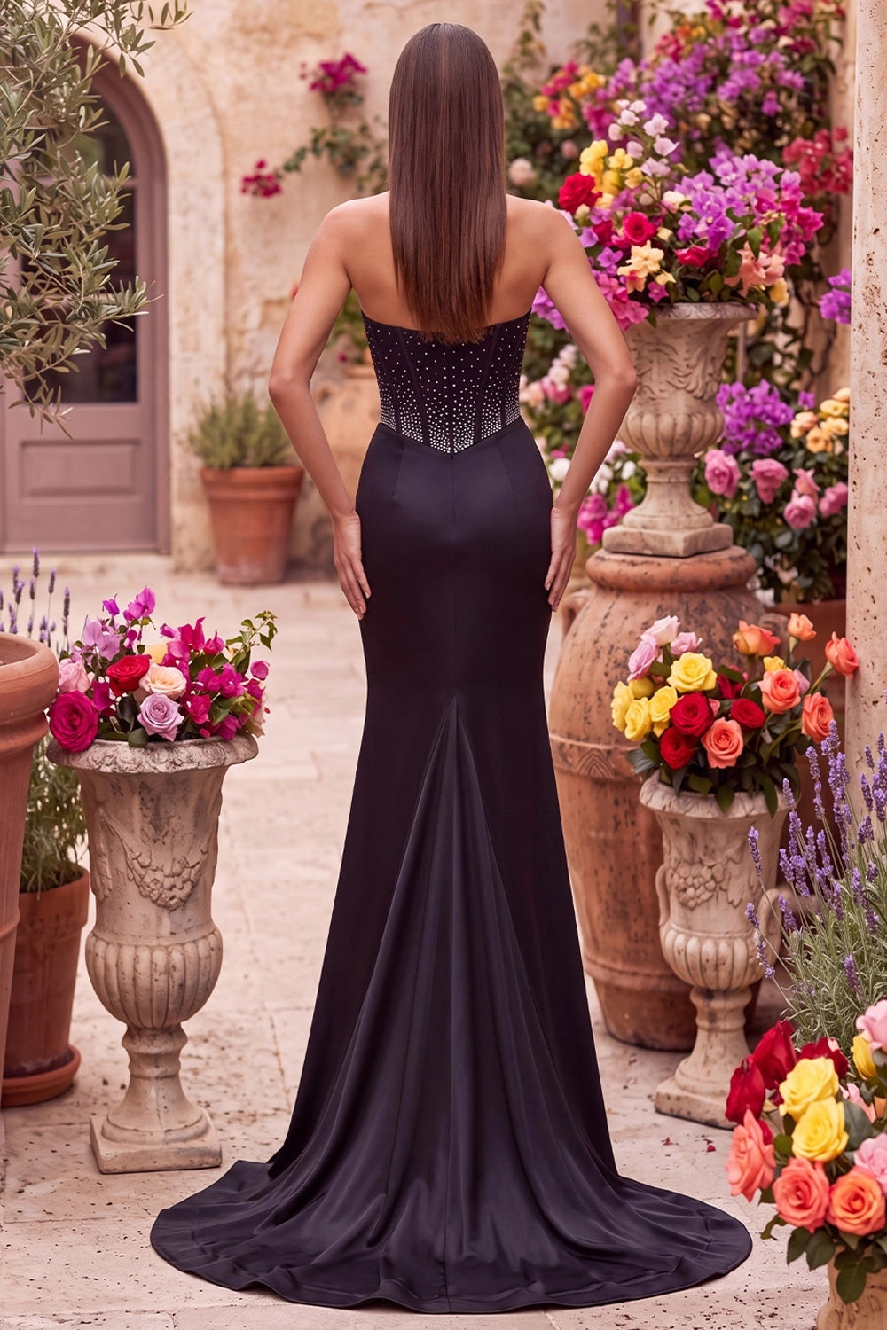 Elegant Mermaid Sweetheart Strapless Corset Back High Slit Sweep Train Prom Dress