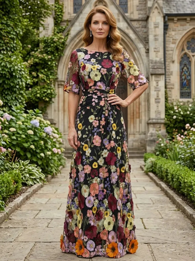Loverlm black floral Mother of the Bride dress with bateau neckline half sleeves defined waist and floor-length A-line skirt