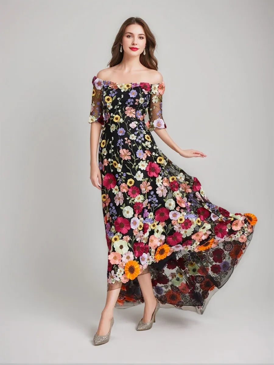 Front view of Loverlm black floral wedding guest dress with off-shoulder neckline, sheer half sleeves and multicolor embroidered A-line skirt