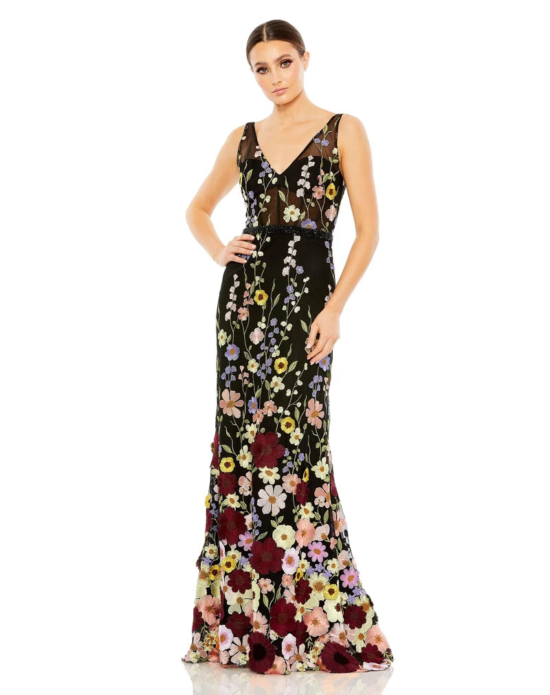 Loverlm black multicolor floral V-neck embroidered floor-length evening dress front view