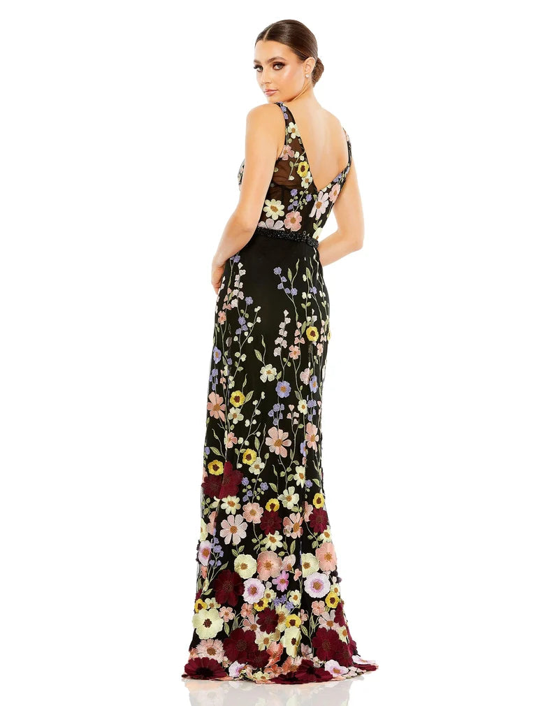 Elegant Sheath V-Neck Sleeveless V-Back Floral Floor-Length Evening Dress