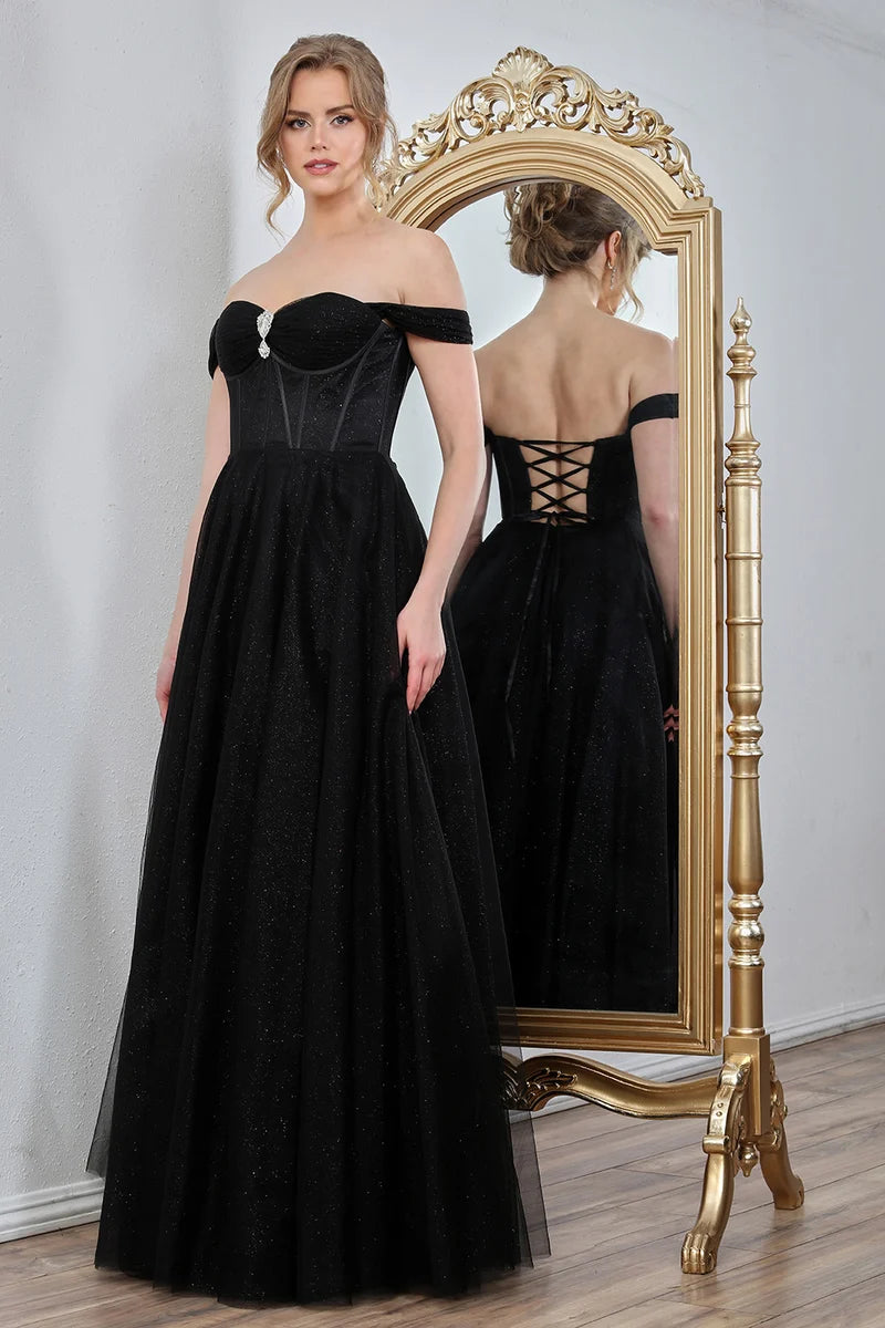 Loverlm black sweetheart off-shoulder glitter ball gown prom dress front view