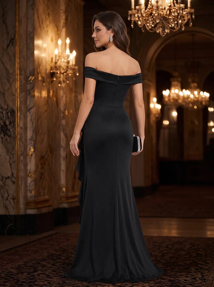 Elegant Mermaid Off-Shoulder Short Sleeve Satin Floor-Length Evening Dress
