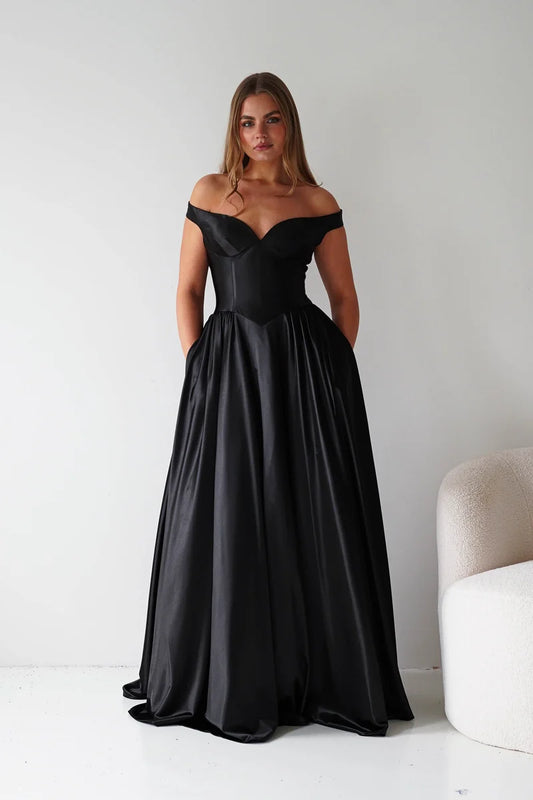 Loverlm black A-line prom dress with off-the-shoulder sweetheart neckline, structured corset bodice, V-shaped waist and full floor-length skirt front view