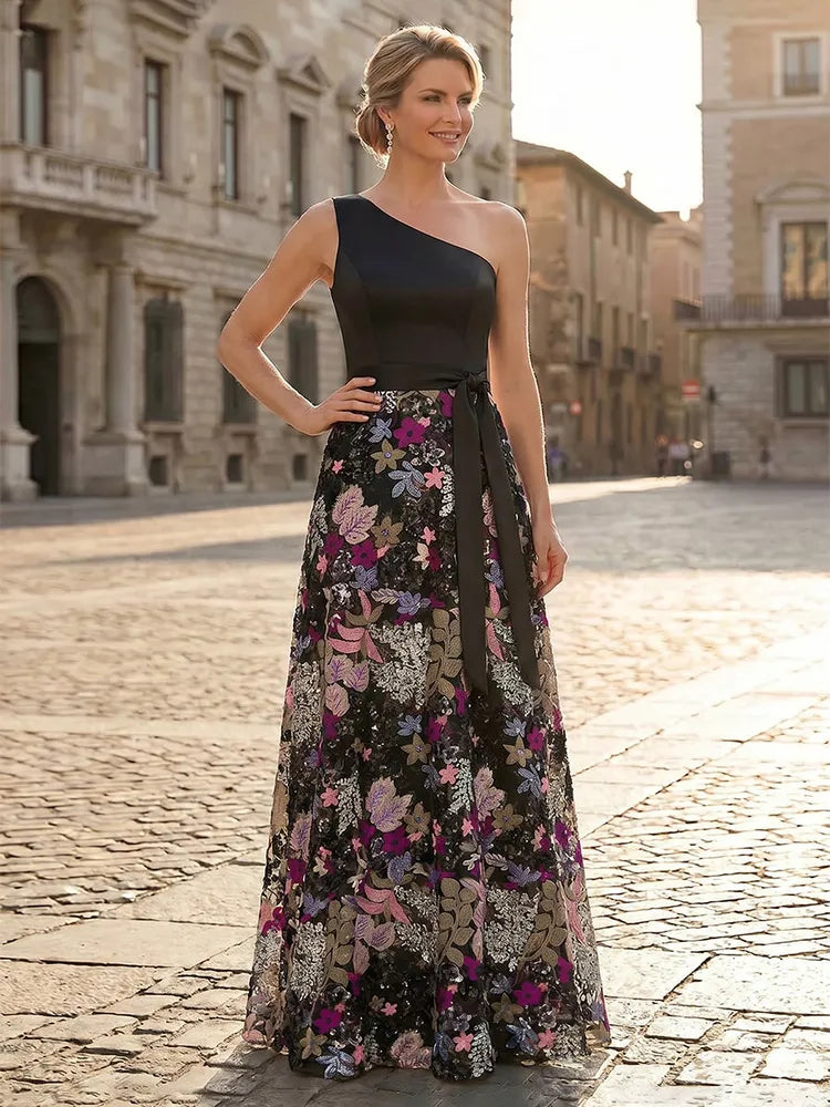 Loverlm black Mother of the Bride dress with one-shoulder bodice defined waist multicolor floral embroidery and floor-length A-line skirt