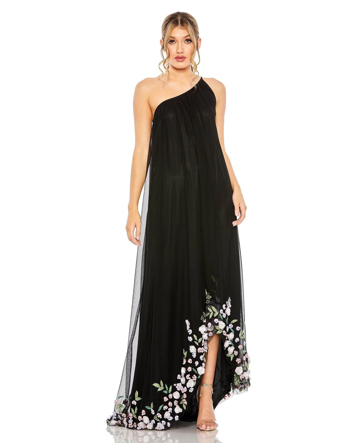 Loverlm black one-shoulder evening dress with floral embellished slit flowing mesh A-line skirt and floor-length hem