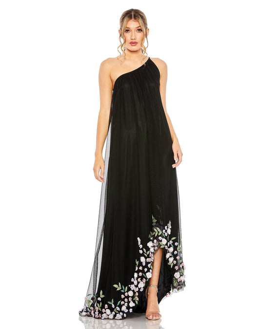 Loverlm black one-shoulder evening dress with floral embellished slit flowing mesh A-line skirt and floor-length hem