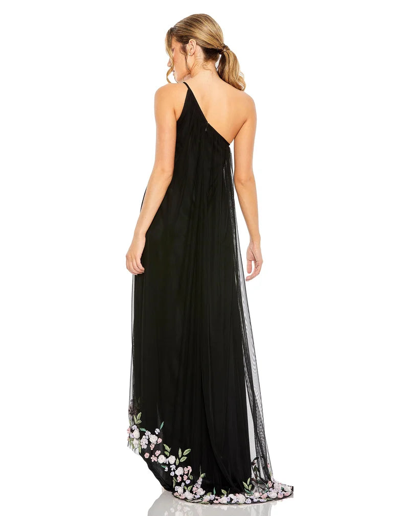 Elegant A-Line One-Shoulder Sleeveless Open-Back Floor-Length Floral Evening Dress
