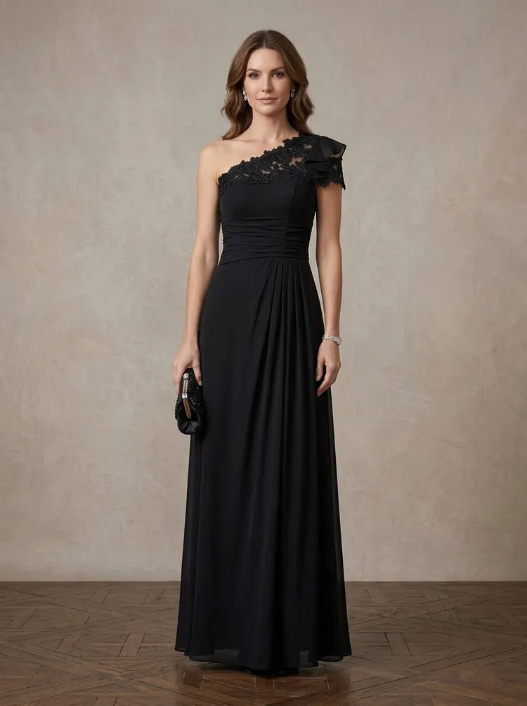 Loverlm black Mother of the Bride dress with one-shoulder lace neckline ruched bodice and flowing floor-length A-line skirt