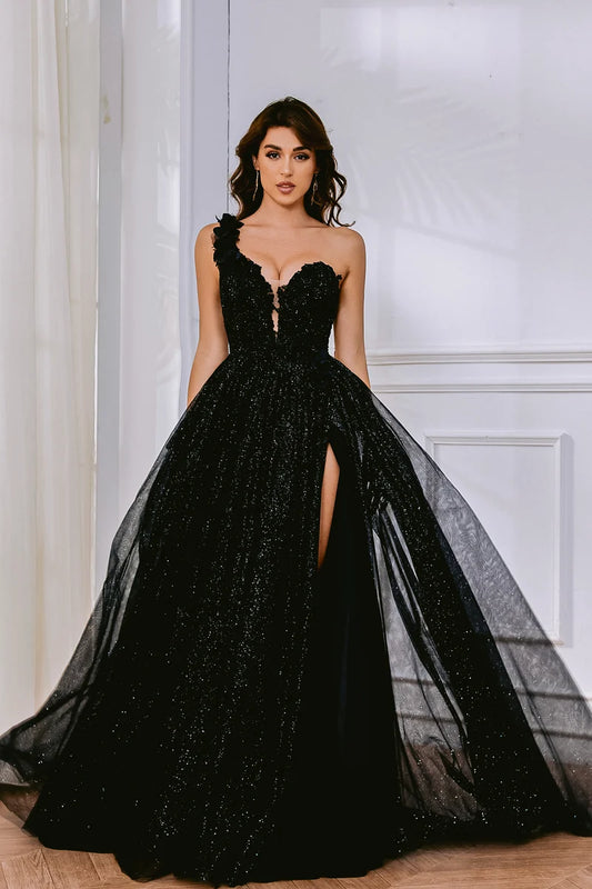 Loverlm black one-shoulder glitter high slit floor-length prom dress front view