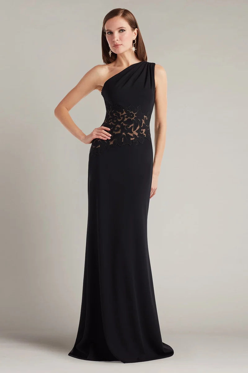 Loverlm black one-shoulder evening dress with sheer floral lace waist and sleek floor-length column silhouette