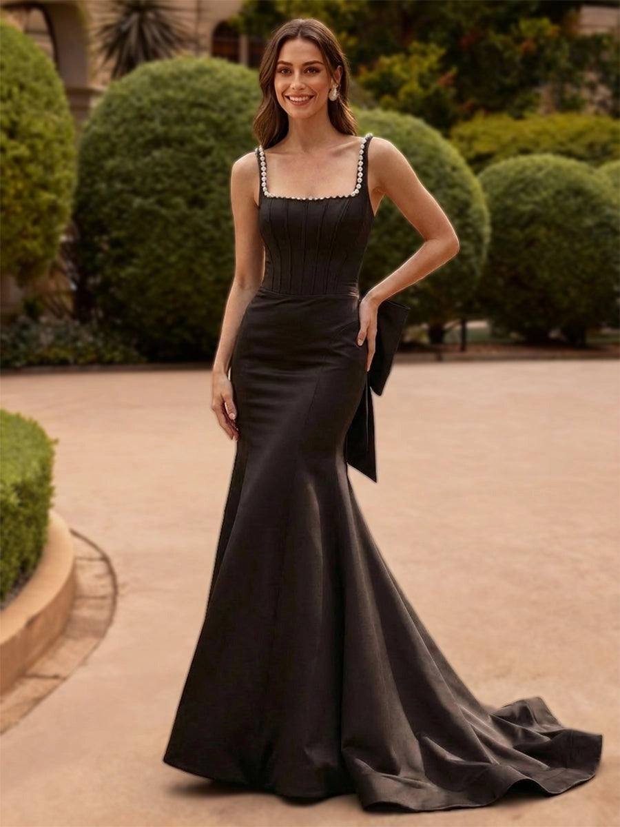 Elegant Satin Mermaid Pearl-Trimmed Scoop-Neck Sleeveless Low-Back Bow-Train Floor-Length Evening Dress