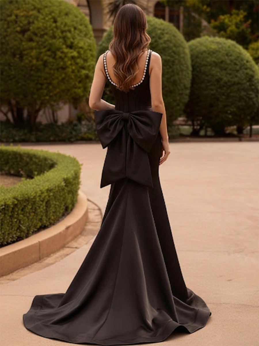 Elegant Satin Mermaid Pearl-Trimmed Scoop-Neck Sleeveless Low-Back Bow-Train Floor-Length Evening Dress